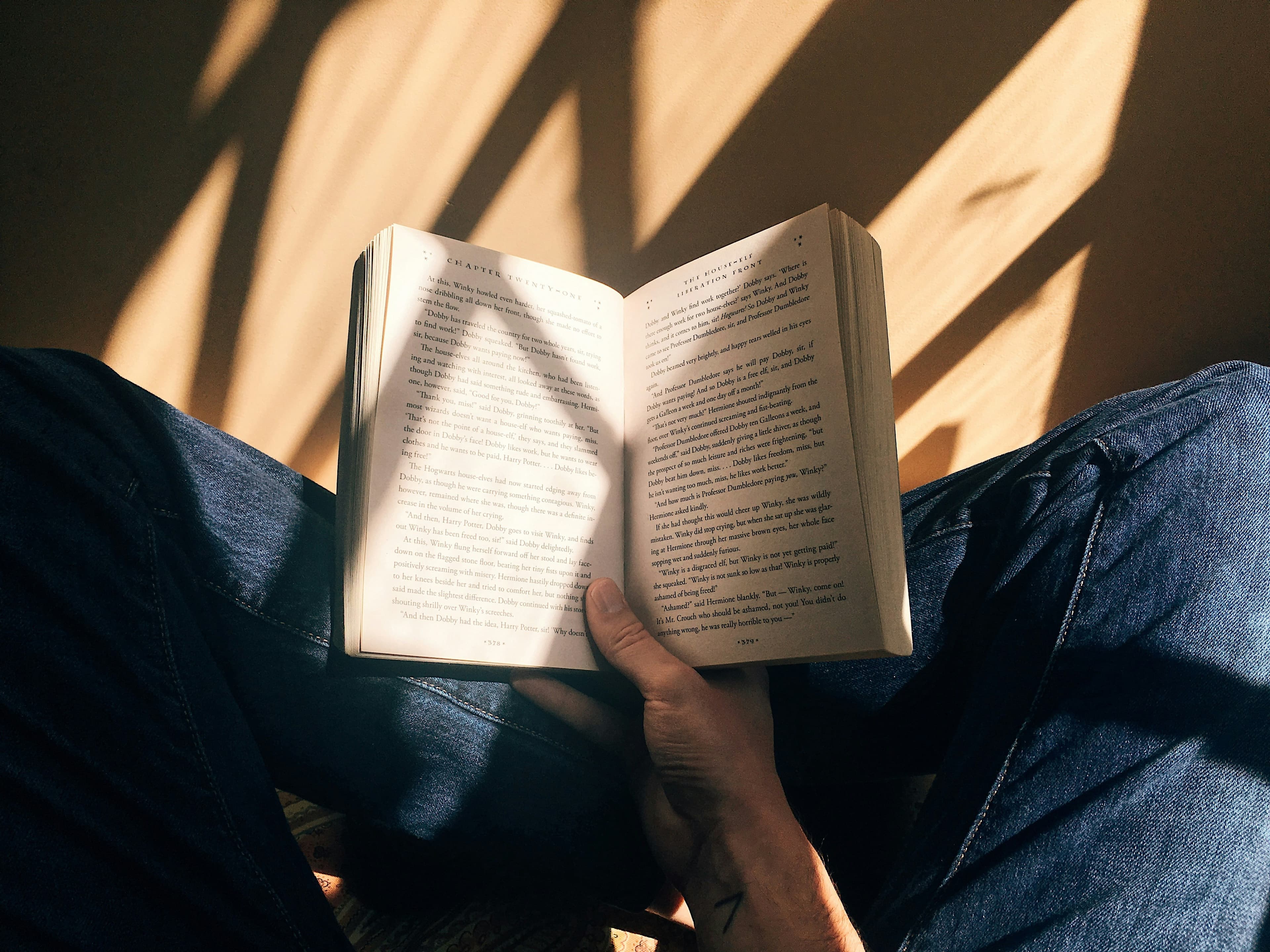Open book on a reader's lap