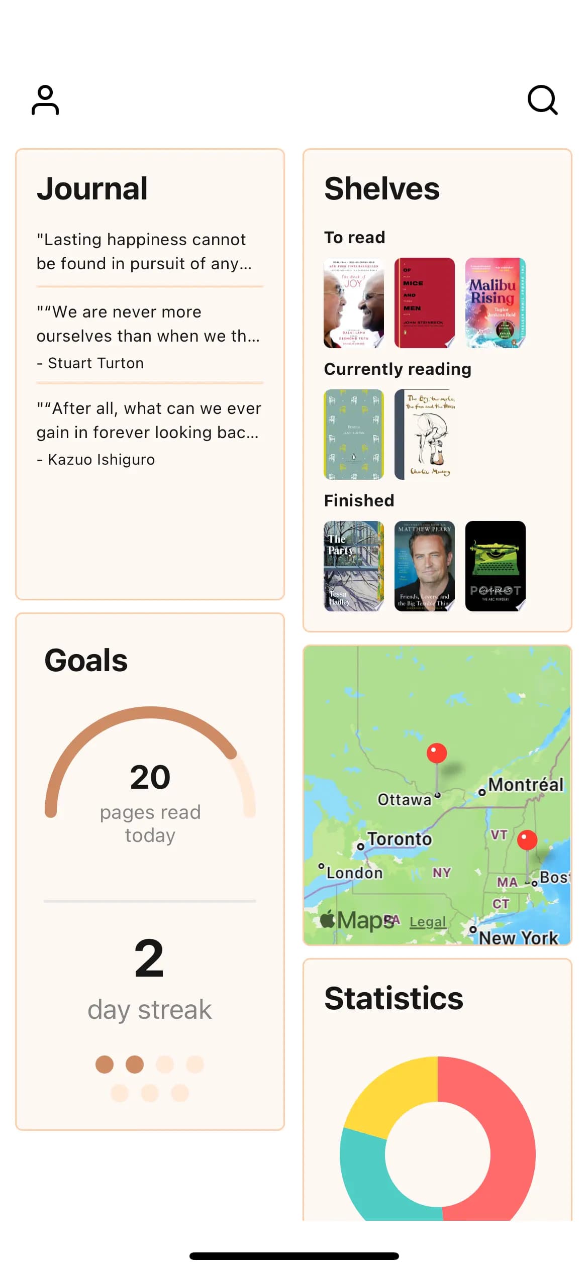 BNOOKS app interface showing reading journal, shelves, and statistics